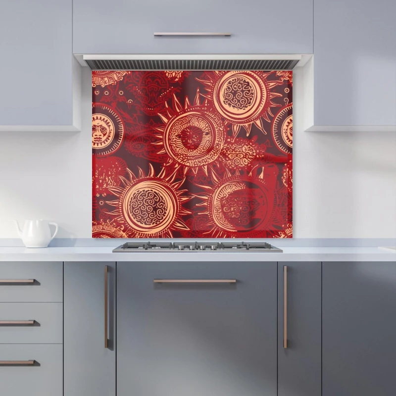 Image of Warren Reed - Designer Abstract Red Moon & Sun Kitchen Splashback Size: 600mm x 750mm Red Unisex 600mm x 750mm