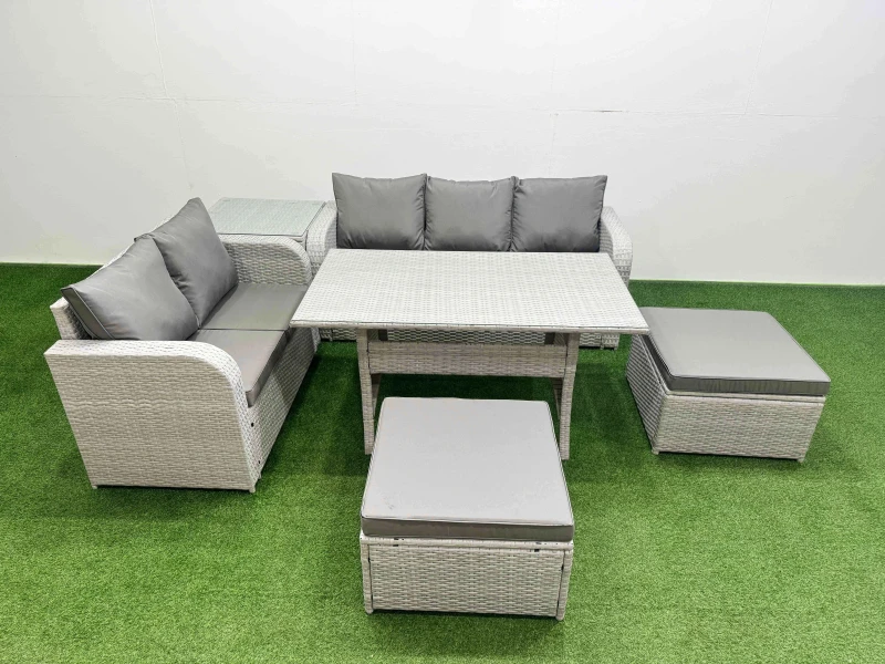 Image of Fimous 7 Seater PE Rattan Wicker Garden Furniture Patio Conservatory Sofa Set with Rectangular Dining Table 3 Seater Sofa Love Sofa 2 Big Footstool Si