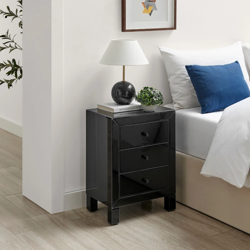 Image of FurnitureboxUK FurnitureboxUK Lexi Large Wooden Bedside Table with 3 Drawers and a Modern Mirrored Finish in Black One Size Unisex 5056542692017