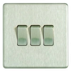 image of Wickes 10A Light Switch 3 Gang 2 Way Brushed Steel Screwless Flat Plate