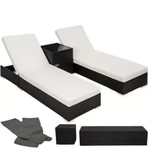 Image of Tectake 2 Rattan Sunloungers And Table With Protective Cover - Black