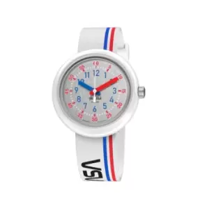 Image of Flik Flak 3-2-1 Liftoff! Quartz Silver Dial White Recycled PET Strap Childrens Watch FPNP094