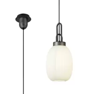 image of Yorktown Ceiling Pendant E27 20cm Almond Ribbed Glass, Opal Black, Aged Pewter