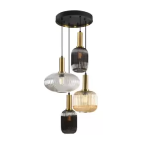 Image of Norma 4 Light Cluster Pendant Ceiling Light Black, Brass, 3 Crystal Tones, E27