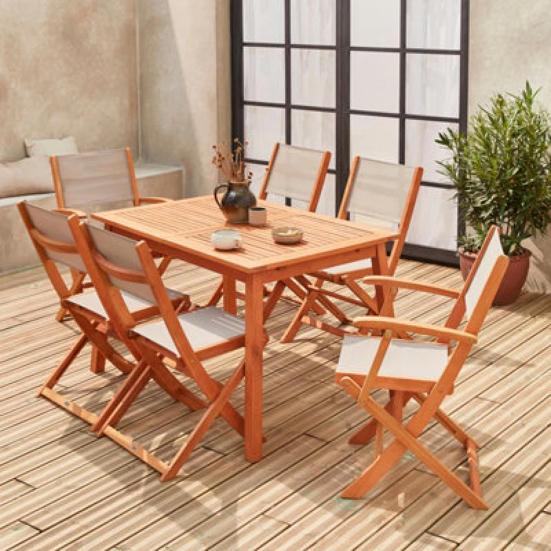 Image of Sweeek - 6-Seater Extendable Wooden Garden Table Set With Chairs Natural 240X100X75cm - Almeria 6