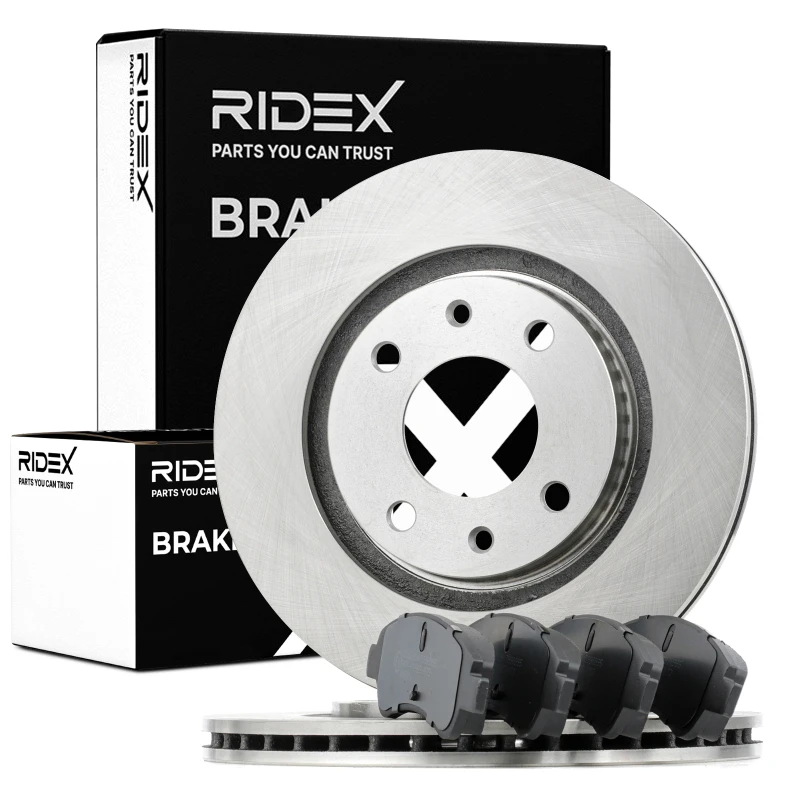 Image of RIDEX 3405B1144 Brake disc and pads set Front Axle, Brake Disc Type: Externally Vented, not prepared for wear warning indicator Brake Set,disc brakes