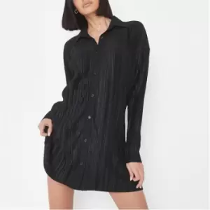 image of Missguided Plisse Oversized Shirt Dress - Black