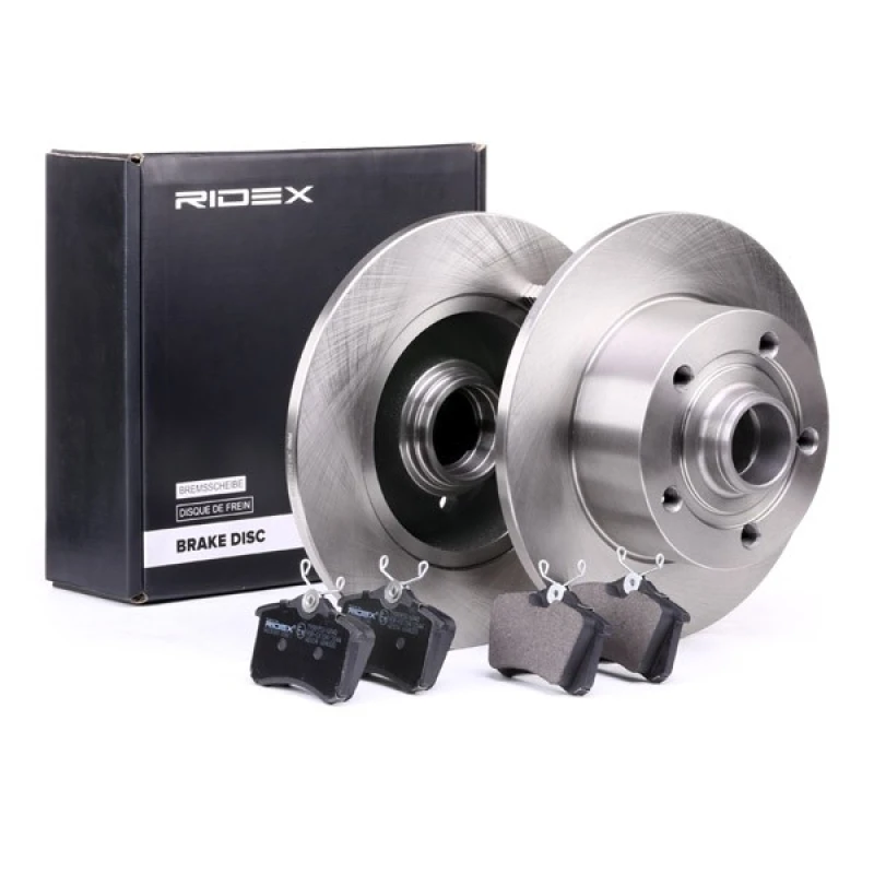 Image of RIDEX 3405B0035 Brake disc and pads set Rear Axle, Brake Disc Type: Solid, without bearing Brake Set,disc brakes (3405)