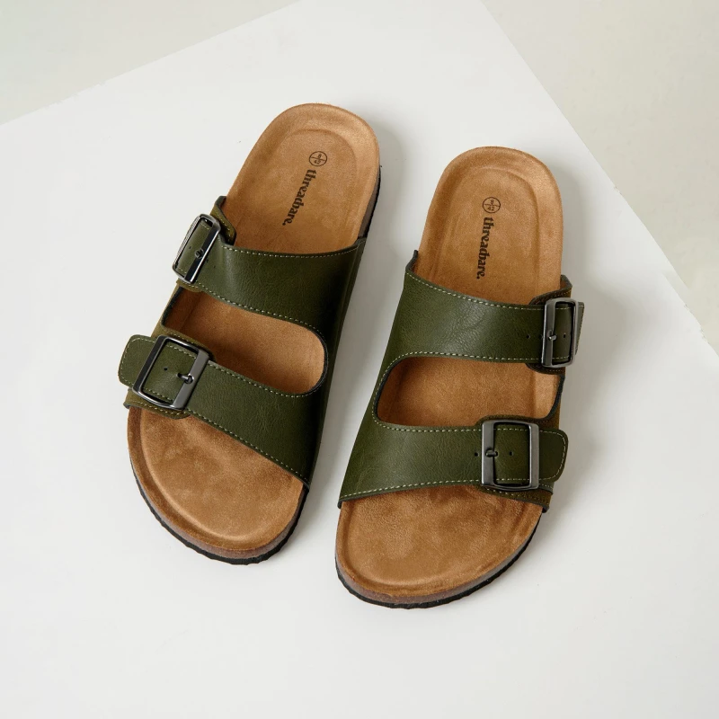 Image of Threadbare Mens Slip-On Two Buckle Strap Flat Sandals Khaki male 8