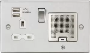 image of Knightsbridge 13A Socket, USB chargers (2.4A), & Bluetooth Speaker - Square Edge Brushed Chrome with white insert - CS9905BCW