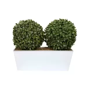 image of Greenbrokers Artificial Topiary Double Ball Aglaia Boxwood In White Slanted Tin Window Box 35Cm/14In