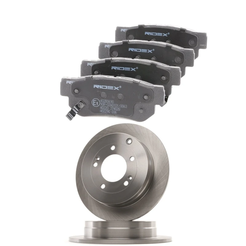 Image of RIDEX 3405B2466 Brake disc and pads set Rear Axle, Brake Disc Type: Solid, with acoustic wear warning Brake Set,disc brakes (3405)
