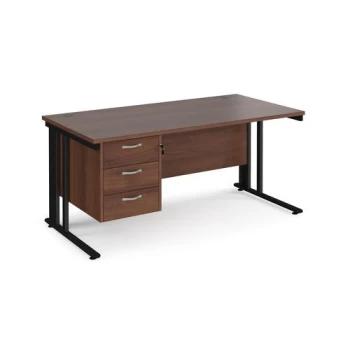 Image of Office Desk Rectangular Desk 1600mm With Pedestal Walnut Top With Black Frame 800mm Depth Maestro 25 MCM16P3KW