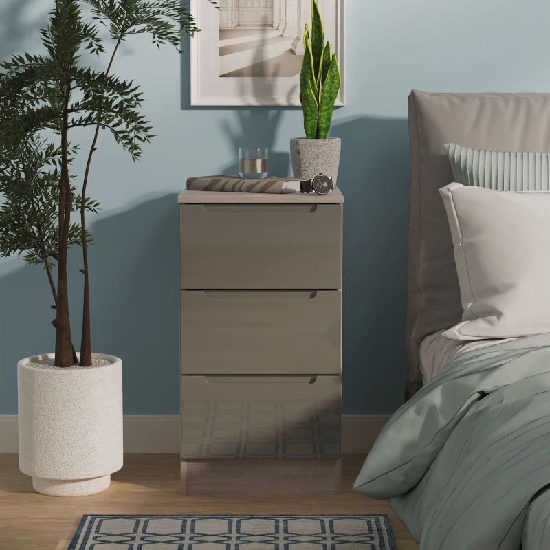 Image of Cannes Ready Assembled 3 Drawer Bedside Cabinet in Grey Gloss & Grey Oak - Welcome Furniture TJ Hughes 5056812213003