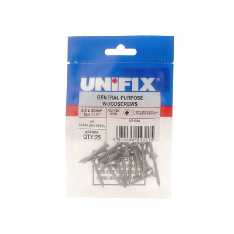 Image of Unifix A2-304 St/st General Purpose Chippy Woodscrews 4.0 X 30mm - Ub9Ststchippy/025 - Box Of 125