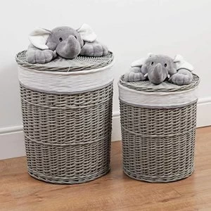 image of Bambino Set of 2 Round Wicker Laundry Baskets Plush Elephant