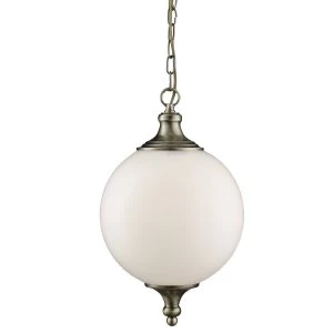 image of 1 Light Globe Ceiling Pendant Antique Brass, Opal Glass, E27