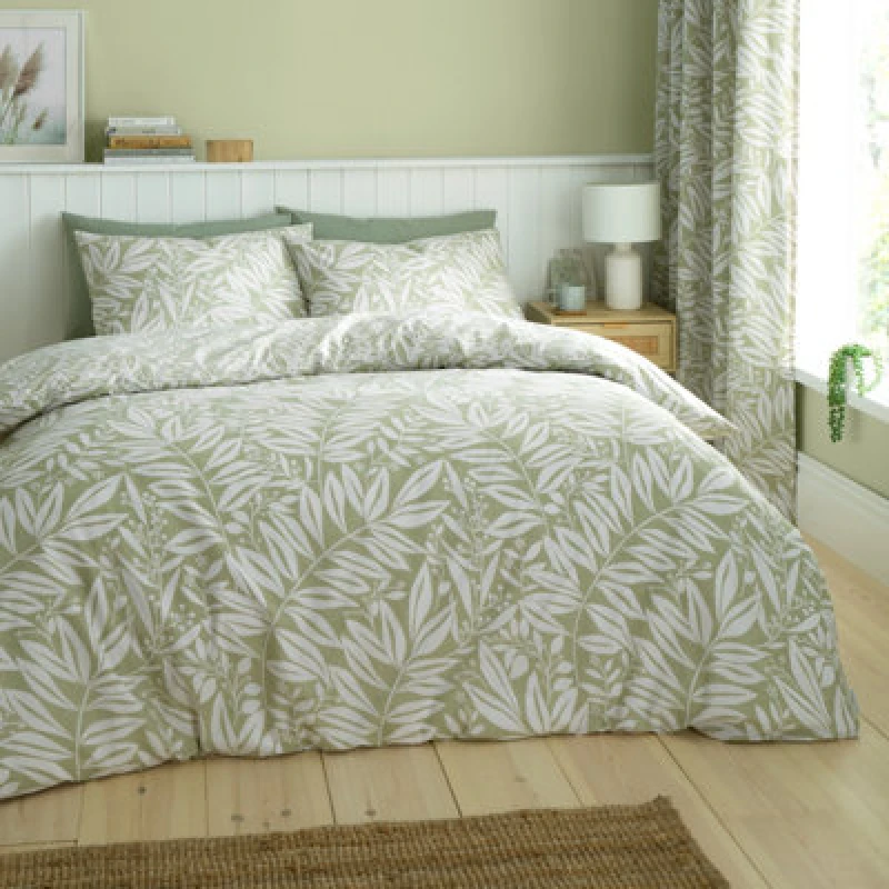 Image of Catherine Lansfield Sorrel Leaf Reversible Double Duvet Cover Set With Pillowcases Green