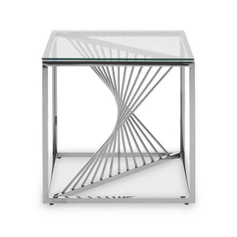 Image of Orsina End Table With Silver Finish Frame, Modern Side Table With Glass Top, Staircase Hallway End Table For Home