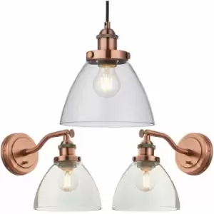 Image of Ceiling Pendant & 2x Matching Wall Light Pack Aged Copper & Clear Glass Shade