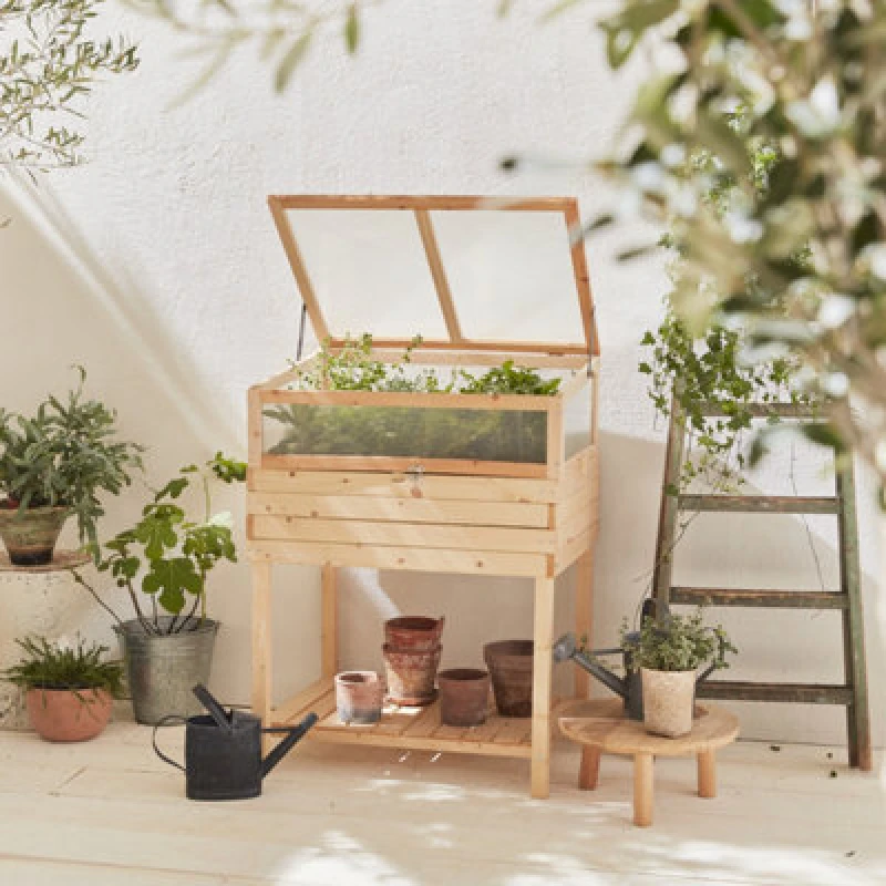 Image of sweeek Elevated Wooden Planter With Polycarbonate Greenhouse Light Brown