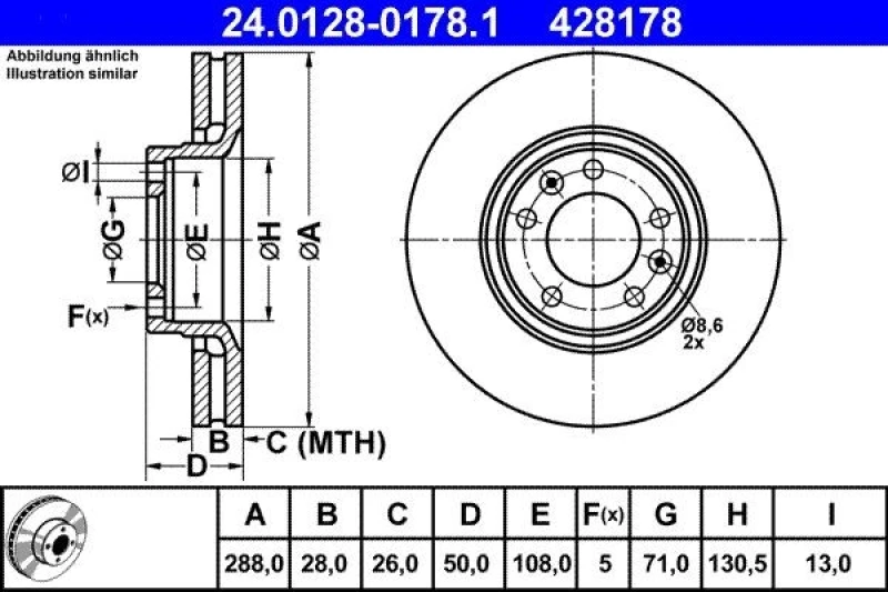 Image of ATE 24.0128-0178.1 Brake disc Vented Brake Disc (82)