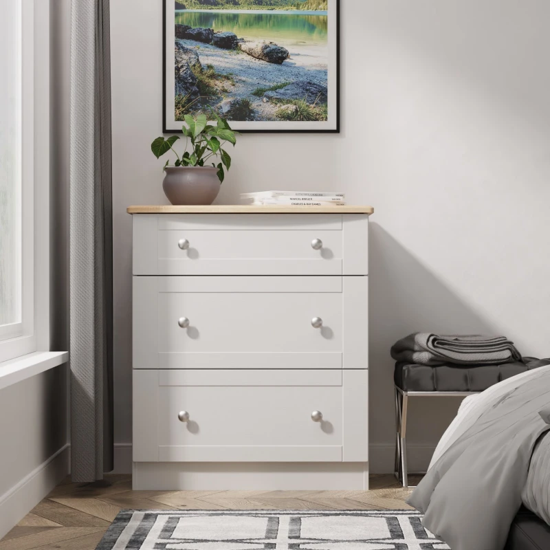 Image of Welcome Furniture Ready Assembled Sussex 3 Drawer Deep Chest In Grey Ash & Bardolino Oak, Grey SUS049GABO