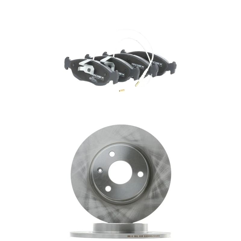 Image of RIDEX 3405B3157 Brake disc and pads set Front Axle, Brake Disc Type: Solid, incl. wear warning contact Brake Set,disc brakes (3405)