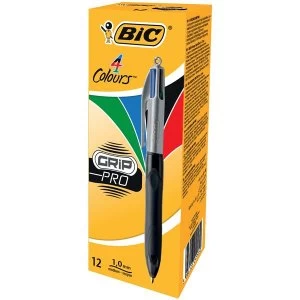 image of Bic 4 Colours Grip Pro Ballpoint Pen 1.0mm Tip 0.4mm Line BlueBlack RedGreen Pack of 12