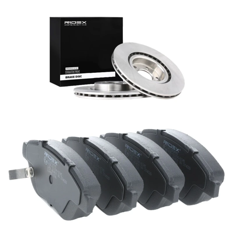 Image of RIDEX 3405B2853 Brake disc and pads set Front Axle, Brake Disc Type: internally vented, with acoustic wear warning Brake Set,disc brakes (3405)