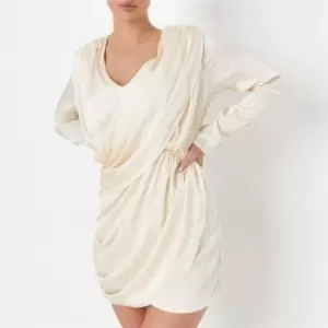 Image of Missguided Drape Front Ruched Plunge Satin Mini Dress - Cream
