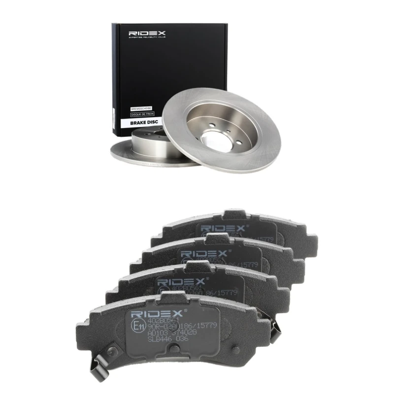 Image of RIDEX 3405B2300 Brake disc and pads set Rear Axle, Brake Disc Type: Solid, with acoustic wear warning Brake Set,disc brakes (3405)