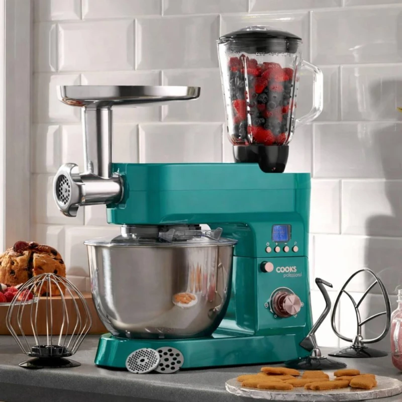 Image of Cooks Professional Multifunction Stand Mixer 1200W with Mincer, Blender, 6.2L Mixing Bowl in Teal Teal Unisex