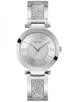 image of Guess Guess Aurora Silver Glitter Dial Stainless Steel And Glitz Bracelet Ladies Watch