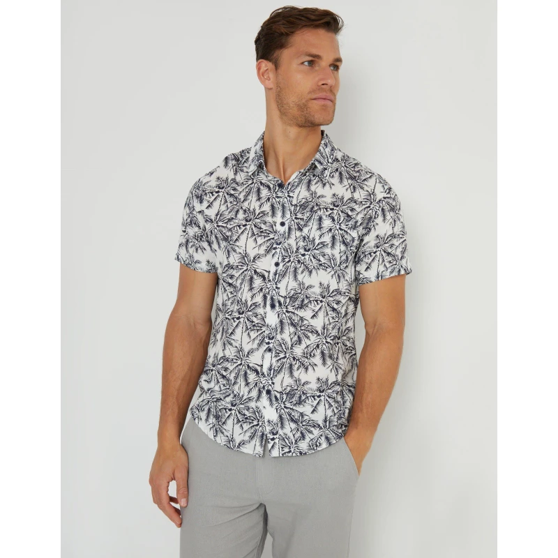 Image of Threadbare Mens Dormy Short-Sleeve Patterned Shirt Ecru male X Large