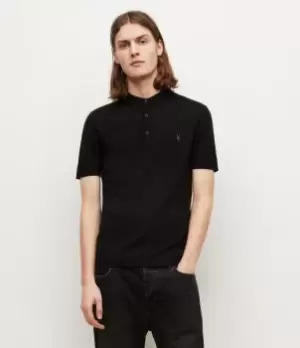 Image of AllSaints Mens Merino Wool Slim Fit Mode Short Sleeve Polo Shirt, Black, Size: XL