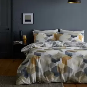 Image of Bianca Hexagon Geometric Print 100% Cotton Reversible Duvet Cover and Pillowcase Set, Grey/Ochre, King