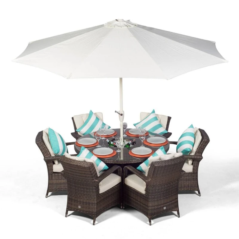 Image of Thats Furniture Arizona Round 6 Seater Patio Dining Set with Ice Bucket Drinks Cooler in Brown Brown Unisex