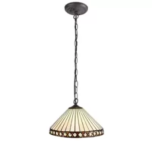 Image of Luminosa Lighting - 1 Light Downlighter Ceiling Pendant E27 With 30cm Tiffany Shade, Amber, Crystal, Aged Antique Brass