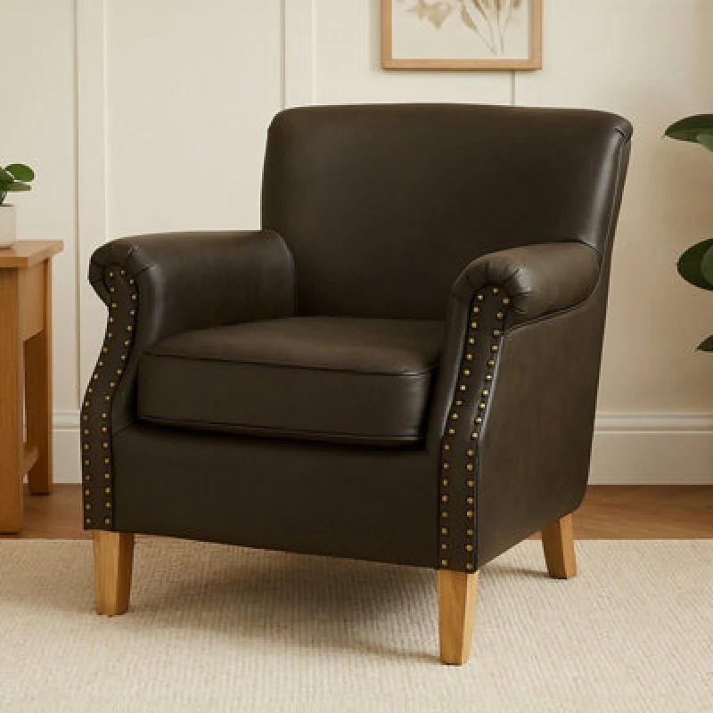 Image of Premier Housewares Brown Leather Effect Armchair, Easy to Clean Leather Armchair, Body Supportive High Back Accent Chair Brown