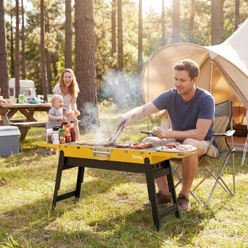 Image of OUTSUNNY BBQ Grill, Charcoal Barbecue with 2 Side Shelves & Handle, Yellow Yellow Unisex
