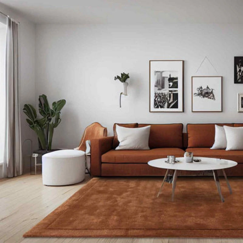 Image of Handmade Modern Easy To Cleanorange Shaggy Bordered Plain Wool Rug For Living Area & Bedroom-120Cm X 170Cm