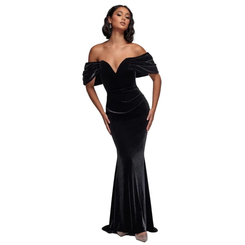 Image of Goddiva Womens Off The Shoulder Deep Plunge Velvet Maxi Dress in Black Size: 12 Black Female 12