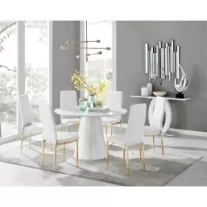 Image of Furniture Box Palma White High Gloss Round Dining Table and 6 White Milan Gold Leg Chairs