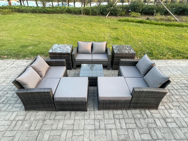 Image of Fimous Outdoor Lounge Sofa Set Wicker PE Rattan Garden Furniture Set with Square Coffee Table Double Seat Sofa Big Footstool in Dark Grey Dark Grey Un