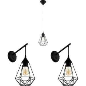 Image of Ceiling Pendant Light & 2x Matching Wall Lights Black Geometric Wire Cage Lamp