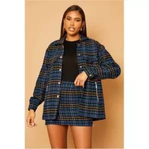 image of I Saw It First Blue Oversized Checked Shacket With Detachable Sleeves - Blue