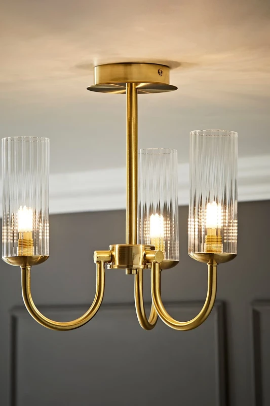 Image of ValueLights Canya 3 Way Ribbed Glass Chandelier Style Ceiling Light with Bulbs in Gold Gold Unisex