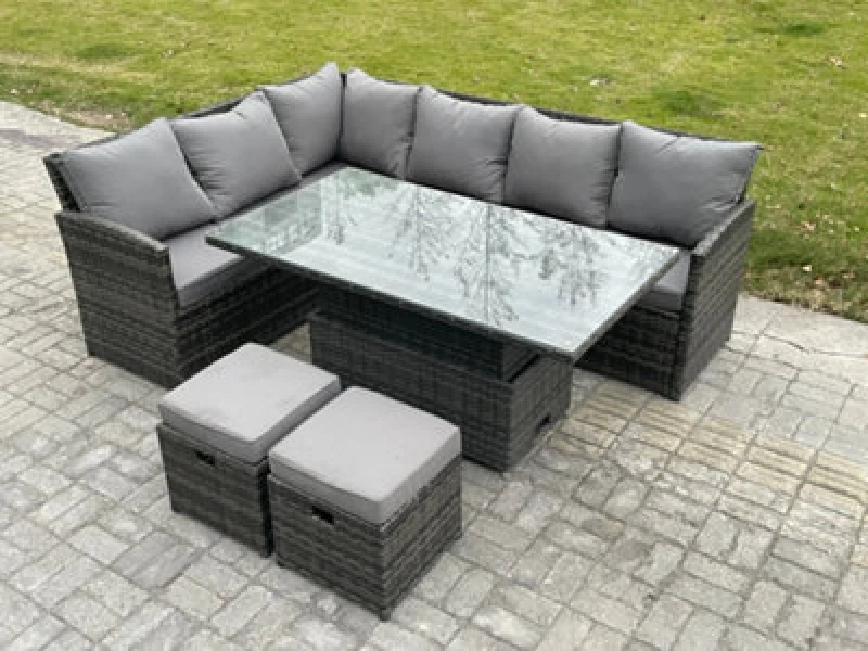 Image of Fimous Wicker PE Outdoor Rattan Garden Furniture Set Height Adjustable Rising Lifting Table Sofa Dining Set with 2 Small Footstools Dark Grey