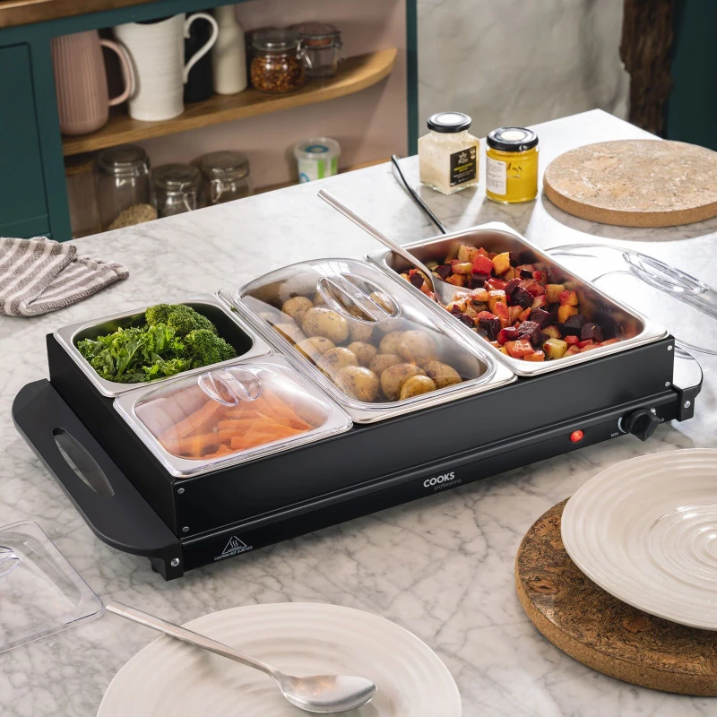 Image of Cooks Professional Buffet Warmer Food Server Hot Plate 7.2L 4 Tray Adjustable Temp 300W - Black Black